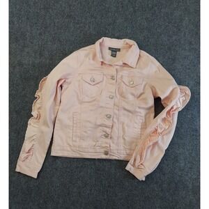 Kate & Mallory Denim Jacket Womens Small Pink‎ Ruffles Trucker Stretch Button Up